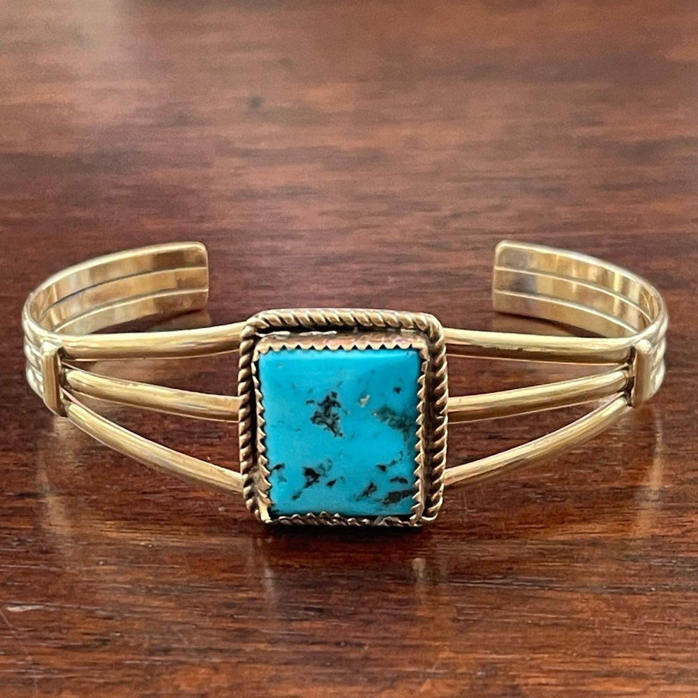 Gold tone sterling silver natural Arizona Native American turquoise cuff bangle